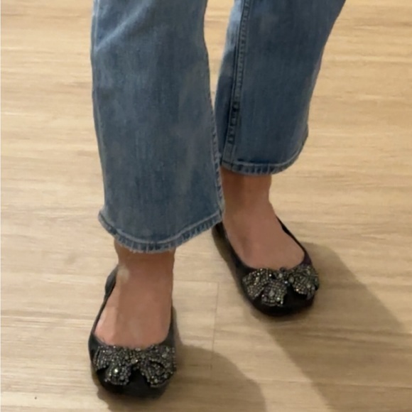 Tory Burch Black Leather Crystal Embellished Bow Eddie Ballet Flat - Picture 9 of 9